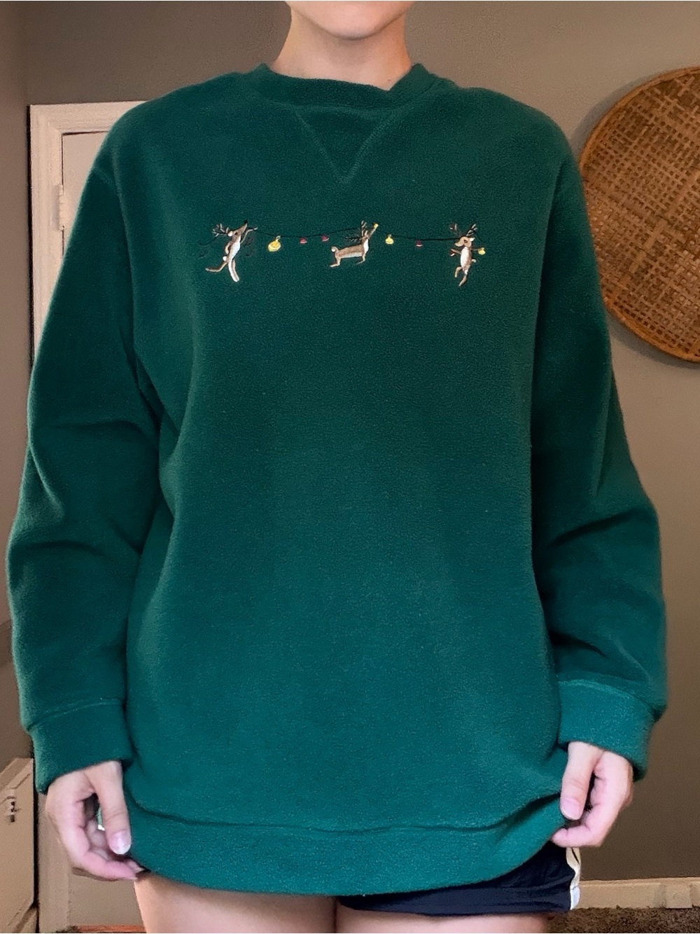 Green Christmas Crewneck Sweater w/ Festive Reindeer Embroidery